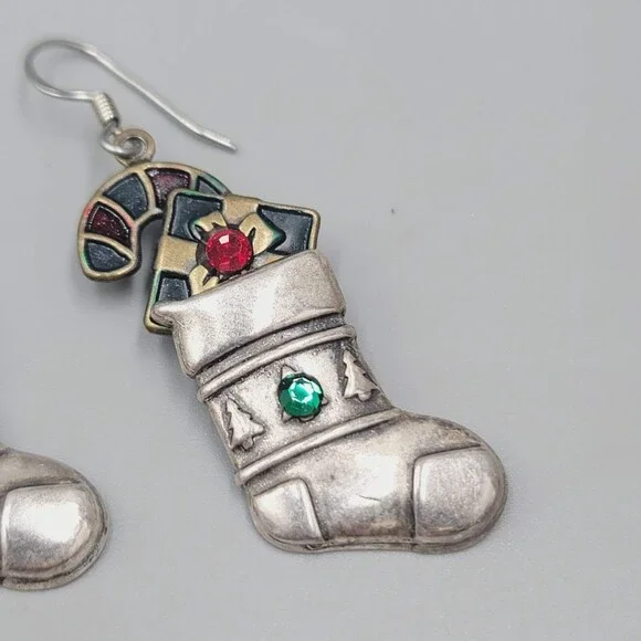 Vintage Christmas Stocking Pierced Earrings Enamel Silver tone Dangle 1 3/8" - Picture 4 of 6